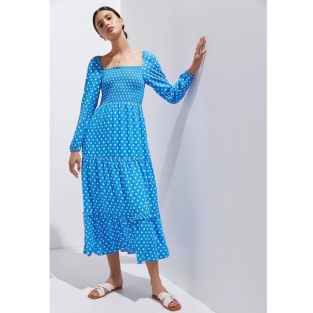 Anthropologie Blue Polka Dot Smocked Midi Dress